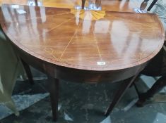 19th century mahogany and satinwood inlaid demi-lune hall table on square section tapering supports,