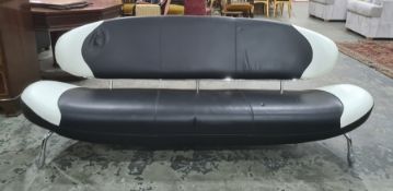 Italian Poltromec three seat sofa in white and black leather with chrome supports and matching