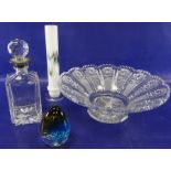 Large cut glass fruit bowl with broad whorl cut everted border, a cut spirit decanter with EPNS