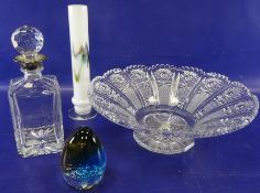 Large cut glass fruit bowl with broad whorl cut everted border, a cut spirit decanter with EPNS