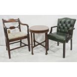Office chair in greenleather finish, a 19th century mahogany chair with fluted arms, on square