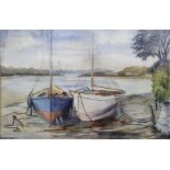 Irene(?) (British, 20th century) Watercolour Two sailing boats on the mud flats, 35cm x 55cm