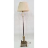 20th century standard lamp in brass and steel circular column square base with cream pleated shade