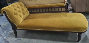 Victorian chaise longue in mustard yellow ground, turned front supports, brown china castors