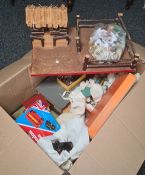 Box of assorted vintage toys to include metal figures and models of farm animals, dog sled team