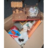 Box of assorted vintage toys to include metal figures and models of farm animals, dog sled team