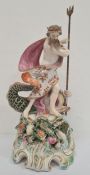 18th century Derby porcelain figure of Neptune on a seashell encrusted and pierced rococo scroll
