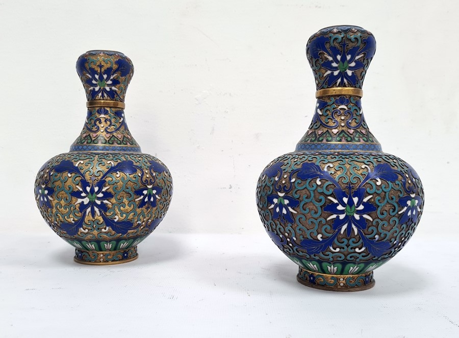 Pair 20th century Chinese cloisonne enamelled vases, baluster shaped and with blue and white lotus - Image 2 of 2