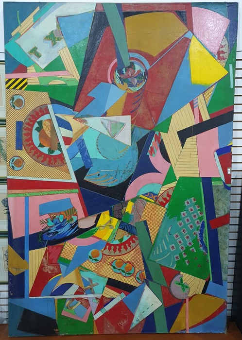 Michael Holland (1947-2002)  Oil on canvas Glimpses of fruit and flowers amongst abstract shapes, - Image 2 of 4