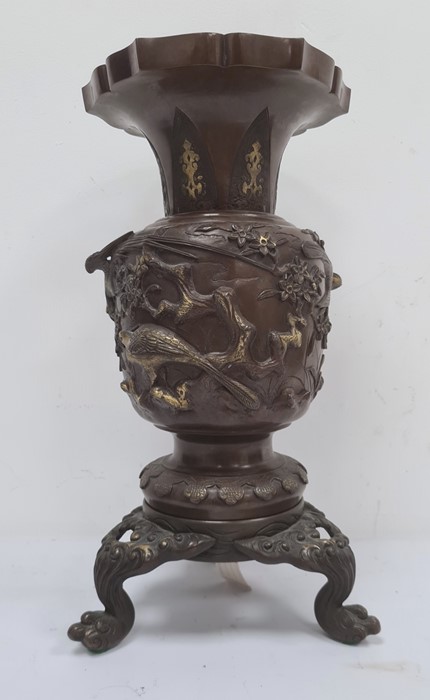Japanese bronze and gilded vase with shouldered ovoid body, flared rim and circular foot, embossed - Image 2 of 2