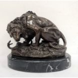 After Antoine-Louis Barye bronze model of lion and serpent, on oval veined marble base, 25cm high
