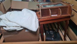 Modern inlaid occasional table with sabre legs, a pair of binoculars, a small hanging display