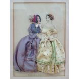 Victorian fashion print "Carriage and evening dresses", accessorized with applied fabric and beads