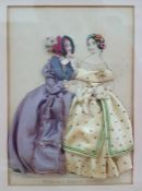 Victorian fashion print "Carriage and evening dresses", accessorized with applied fabric and beads