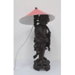 Chinese carved hardwood figure of man with rui sceptre as a table lamp, the figure standing on a