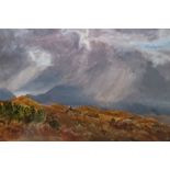 Unattributed Oil on canvas Moorland landscape under a stormy sky 22cm x 31cm