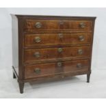 19th century commode, the rectangular top with canted corners, brass inlay, four long drawers, brass