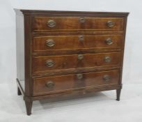 19th century commode, the rectangular top with canted corners, brass inlay, four long drawers, brass