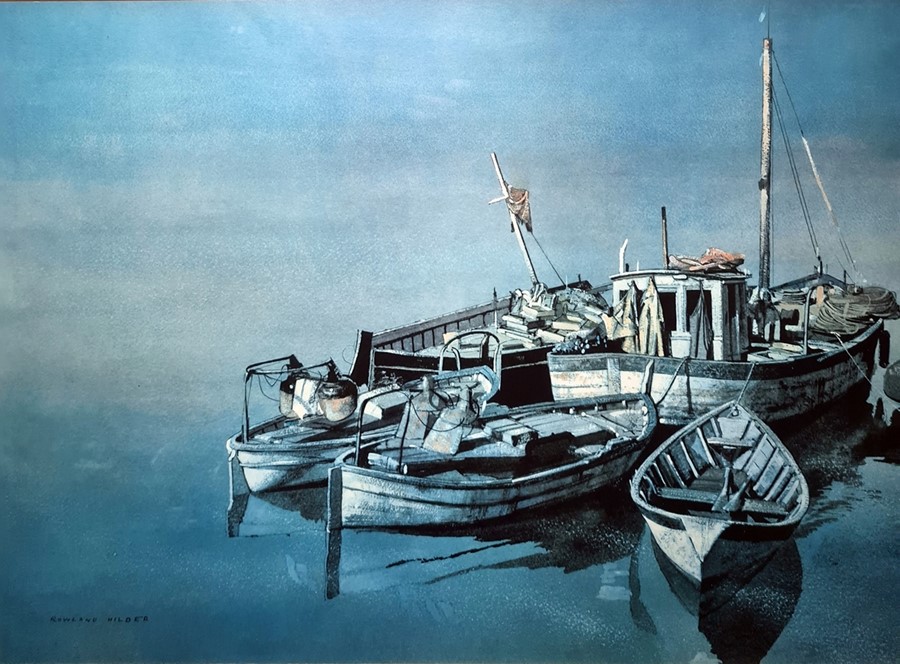 After Roland Hilder Colour print Fishing boats moored  R Quaile Watercolour drawing "High and