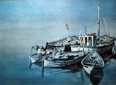 After Roland Hilder Colour print Fishing boats moored  R Quaile Watercolour drawing "High and