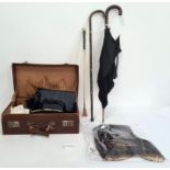 Leather suitcase and contents including vintage handbags, an umbrella and a box of textiles