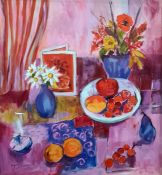 Iris Stevens (20th century school) Oil on canvas  Still life study of fruit in a bowl with flowers