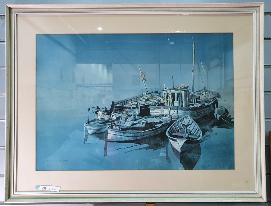 After Roland Hilder Colour print Fishing boats moored  R Quaile Watercolour drawing "High and - Image 3 of 13