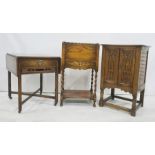 20th century oak sewing box, an oak drop-leaf side table on fluted supports to X-shaped stretcher