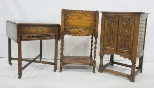 20th century oak sewing box, an oak drop-leaf side table on fluted supports to X-shaped stretcher