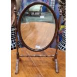 20th century dressing table mirror with oval plate, on spindle turned stand
