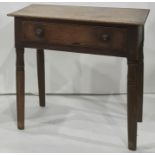Mahogany single drawer side table, the rectangular top above single drawer, on turned supports