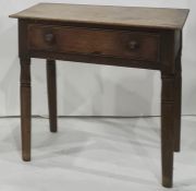 Mahogany single drawer side table, the rectangular top above single drawer, on turned supports