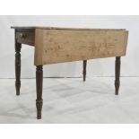 20th century pine top table, the rectangular top with rounded edge and one drop flap, on turned