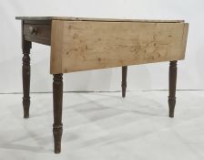 20th century pine top table, the rectangular top with rounded edge and one drop flap, on turned