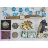 Quantity of costume jewellery to include coral bead necklace, assorted watches, brooches, beaded