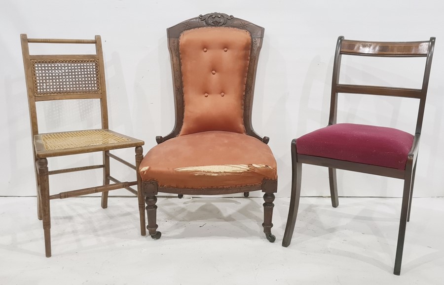 Walnut framed salon chair, a cane seated and backed chair and two Regency style bar back dining