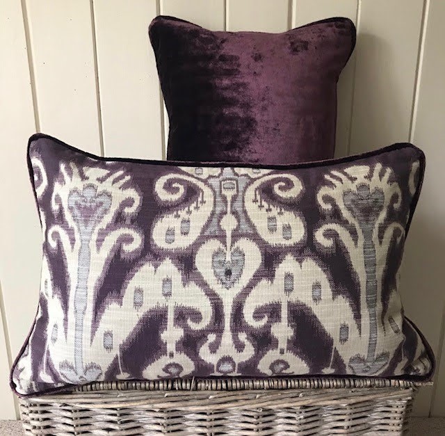 Pair Zoffany Ikat and purple velvet cushions - Image 2 of 3