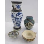 Japanese cloisonne enamel and earthenware vase and cover, ovoid, floral decorated panels, on a