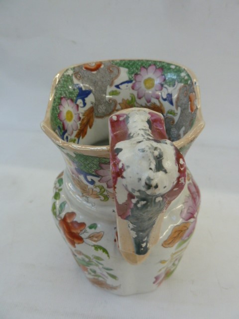 19th century Masons ironstone jug, the handle with mask decoration, the body foliate decorated in - Image 4 of 5