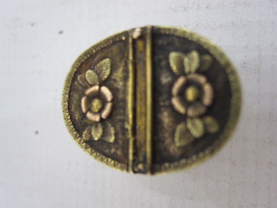 19th century Regency miniature oval gold coloured metal and cut glass lidded box, the gold lid