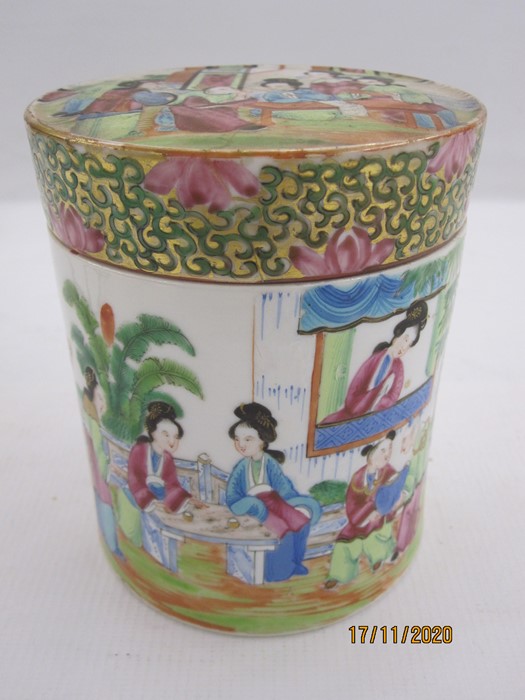 Chinese Canton porcelain tea caddy and cover, cylindrical and painted with figures in a garden, in - Image 7 of 9