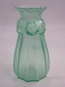 Lalique green satin glass vase, tapered and panelled, embossed rosebuds to the neck, 15cm high