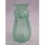 Lalique green satin glass vase, tapered and panelled, embossed rosebuds to the neck, 15cm high