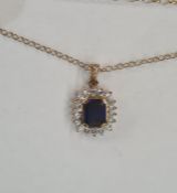 9ct gold, blue and white paste stone pendant on fine 9ct gold belcher link chain, chain approx 2g