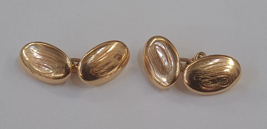 Pair of 15ct gold chain and oval button cufflinks, monogrammed, 7.6g approx (slight damage)