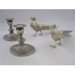Pair silver plated model pheasants and pair plated candle holders, each oval with gadrooned base (4)
