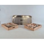 Rectangular two-handled tray with pierced rim and a quantity of silver plated flatware