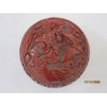 Chinese cinnabar lacquer box, circular and lidded, decorated with columbine and butterfly, 9cm
