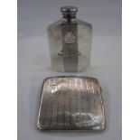 Silver cigarette case with engine-turned decoration and an Art Deco silver plated hip flask of