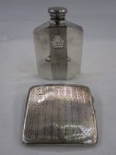 Silver cigarette case with engine-turned decoration and an Art Deco silver plated hip flask of